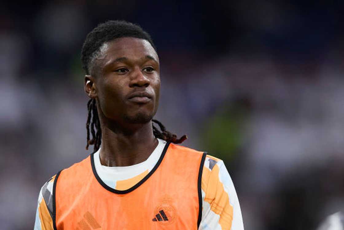 Eduardo Camavinga of Real Madrid CF warms up during the La Liga match Eduardo Camavinga of Real Madrid CF warms up during the La Liga match