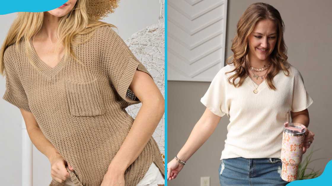 Women in brown and beige v-neck tops. Women in brown and beige v-neck tops.
