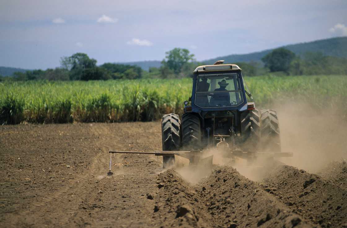 A tractor plowing soil