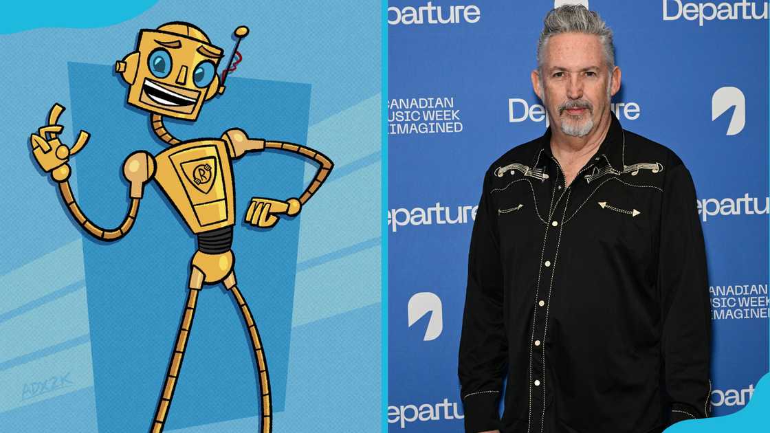 Carl, the golden robot butler (L) and his voice actor, Harland Williams (R).