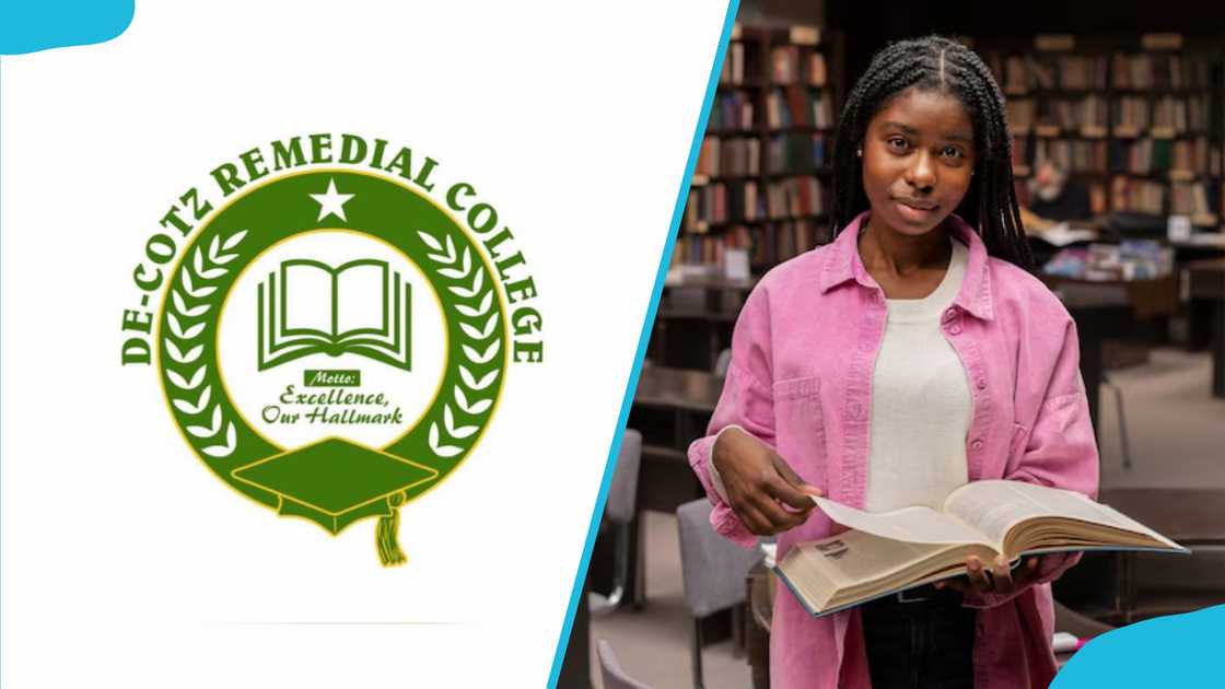De-Cotz College's logo and a student working on assignment