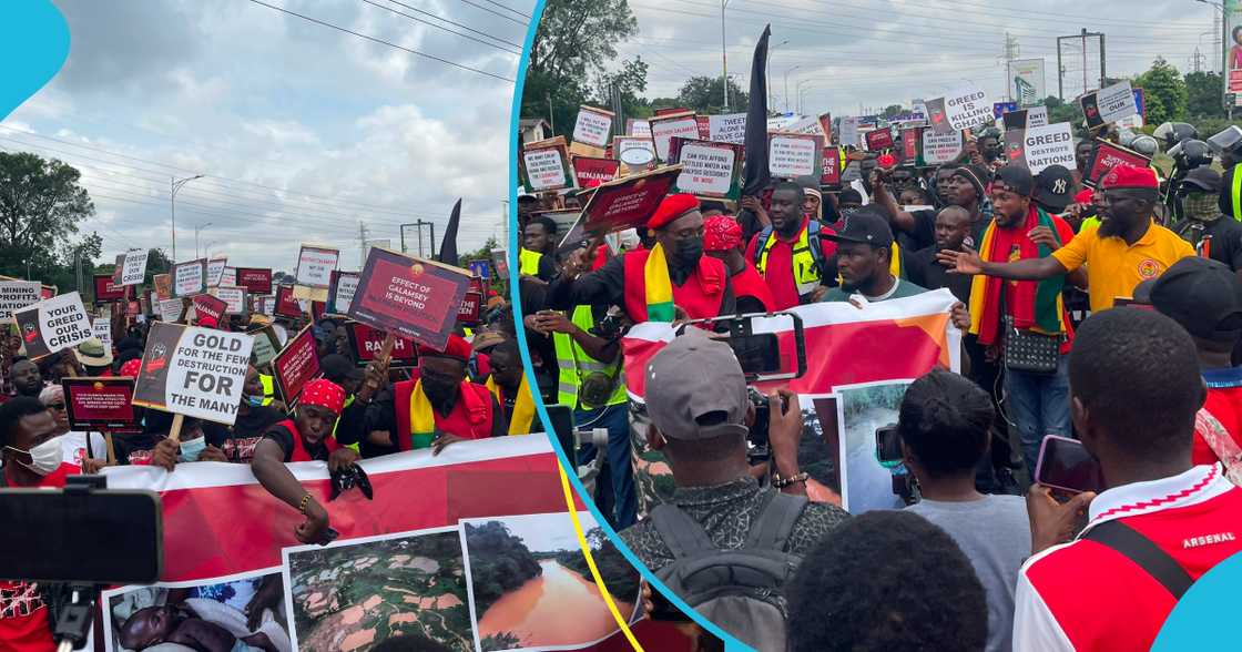Ghanaian protesters throng the street in their march against galamsey and related arrests of 53 people. Ghanaian protesters throng the street in their march against galamsey and related arrests of 53 people.