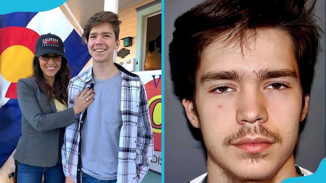 Lauren Boebert and her son, Tyler Boebert (L). A mugshot of Tyler (R)