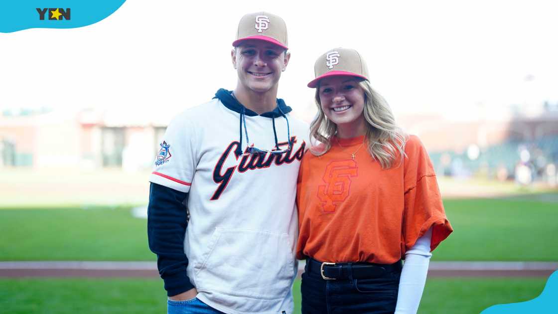 San Francisco 49ers Quarterback Brock Purdy and wife Jenna Brandt pose for a photo at Oracle Park. San Francisco 49ers Quarterback Brock Purdy and wife Jenna Brandt pose for a photo at Oracle Park.