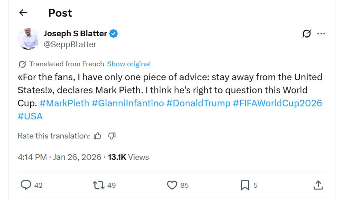 Sepp Blatter, World Cup boycott, US World Cup, FIFA World Cup 2026, Donald Trump World Cup, former FIFA president, World Cup in the United States, football World Cup boycott, Trump travel ban, World Cup fan boycott