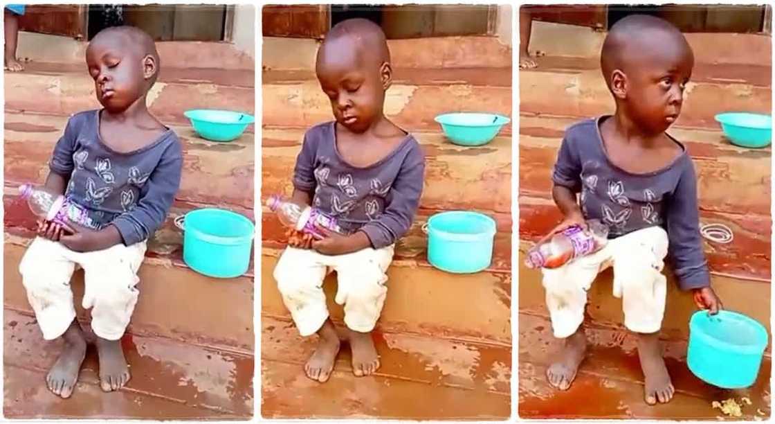 Photos of a boy who slept off with food beside him and a bottle in his hands.