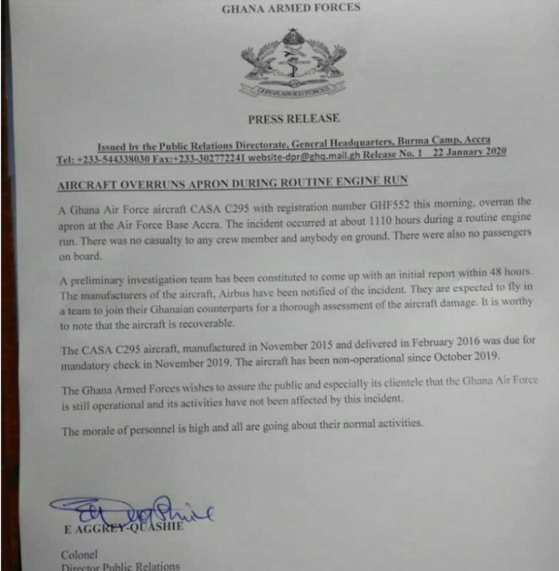 Ghana Air Force plane overruns apron during routine engine run Ghana Air Force plane overruns apron during routine engine run