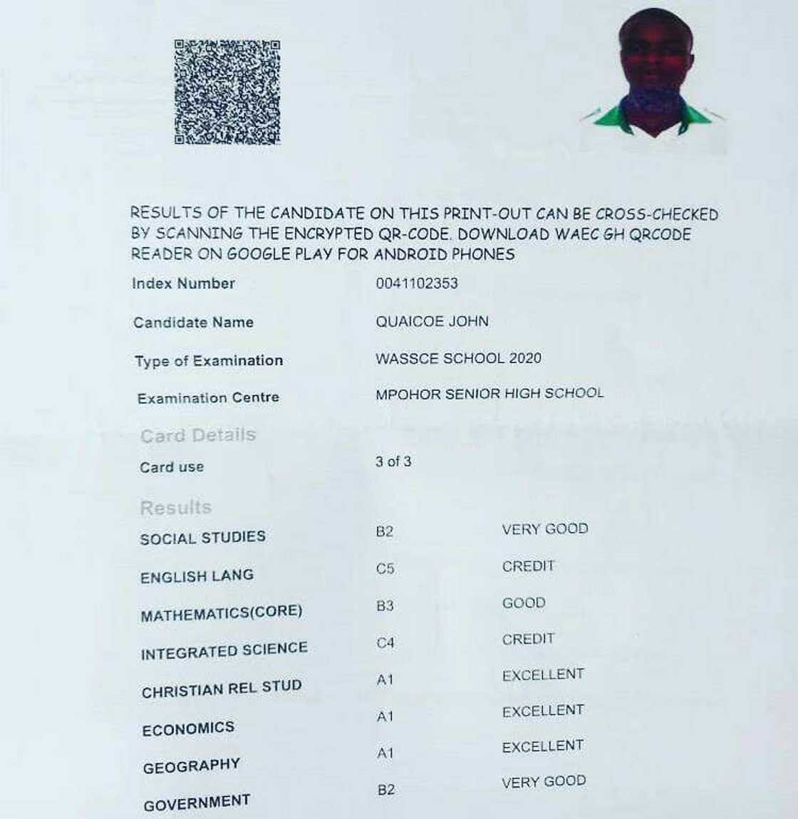 John Nana Quaico's 2020 WASSCE results