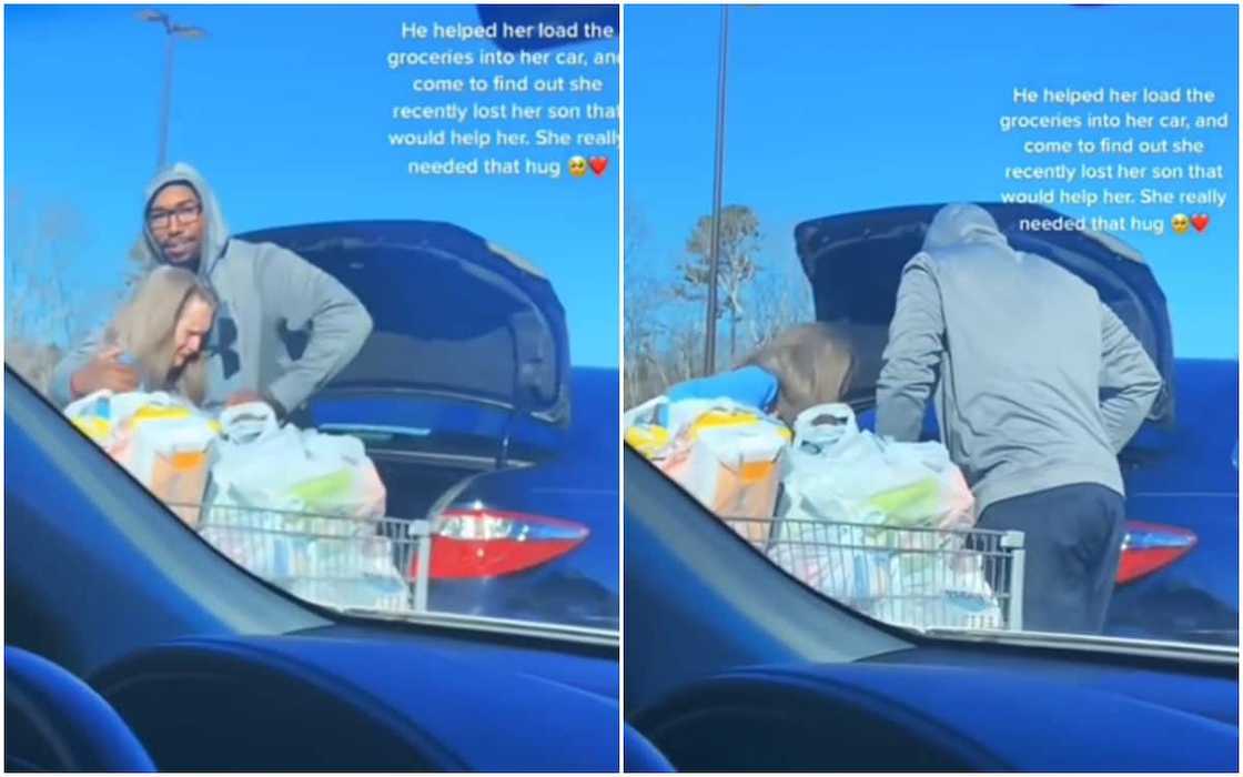A young man is seen in video helping a woman who recently lost her son A young man is seen in video helping a woman who recently lost her son