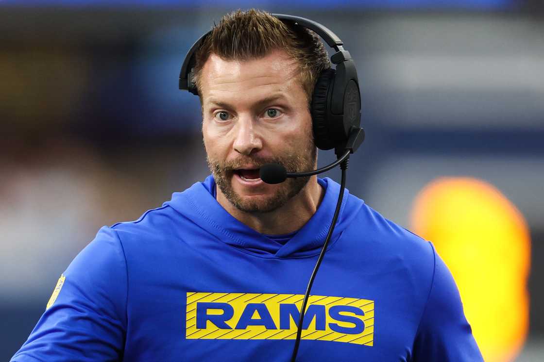 Sean McVay of the Los Angeles Rams reacts to a touchdown catch against the Seattle Seahawks