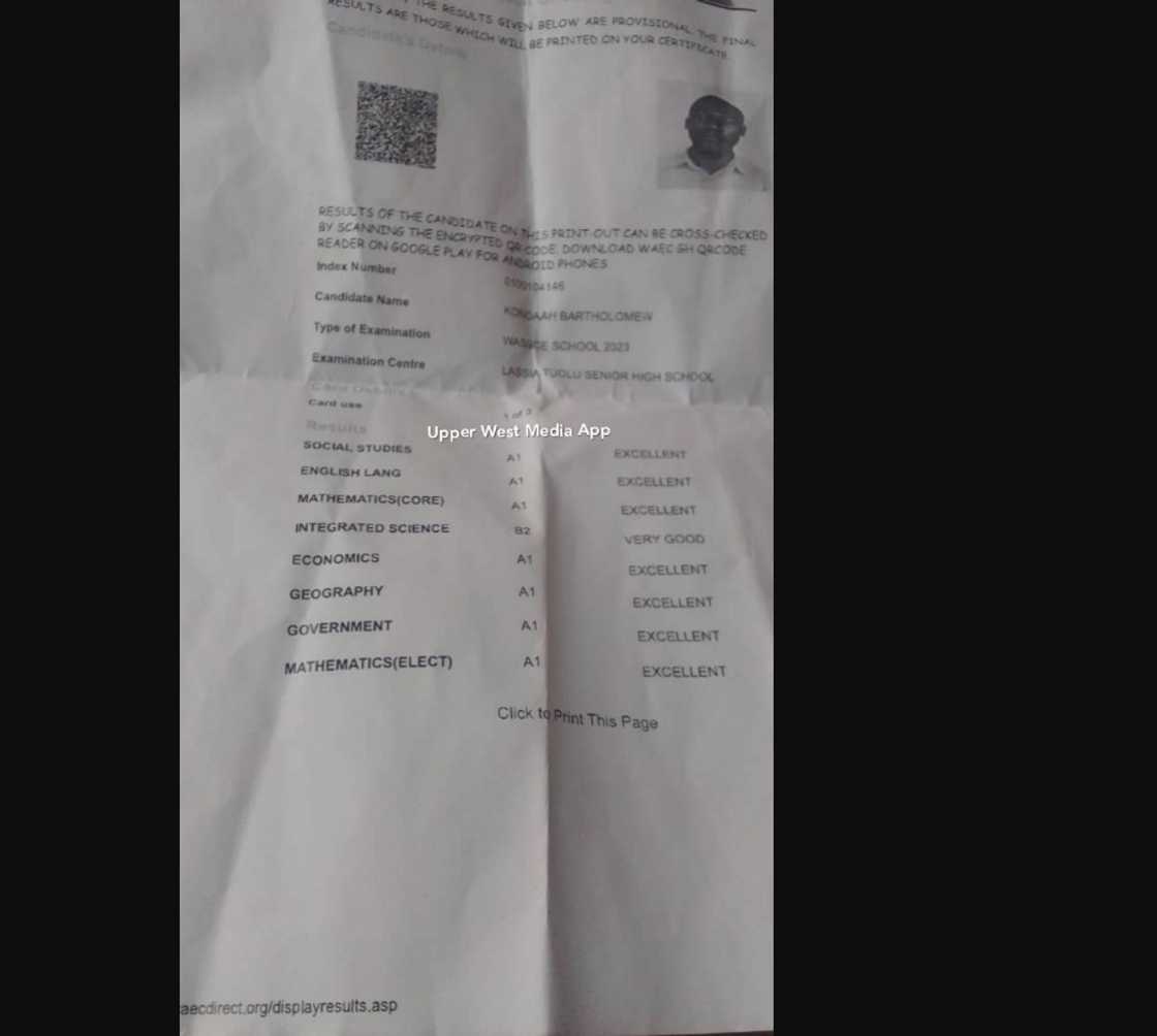 Photo of Koondah Batholomew's WASSCE results. Photo of Koondah Batholomew's WASSCE results.