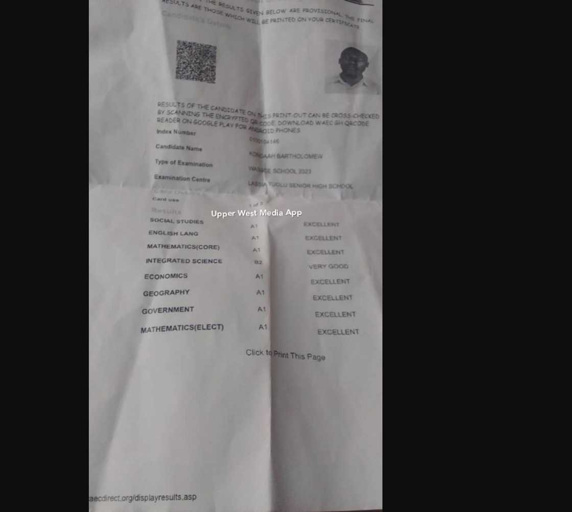 Photo of Koondah Batholomew's WASSCE results.