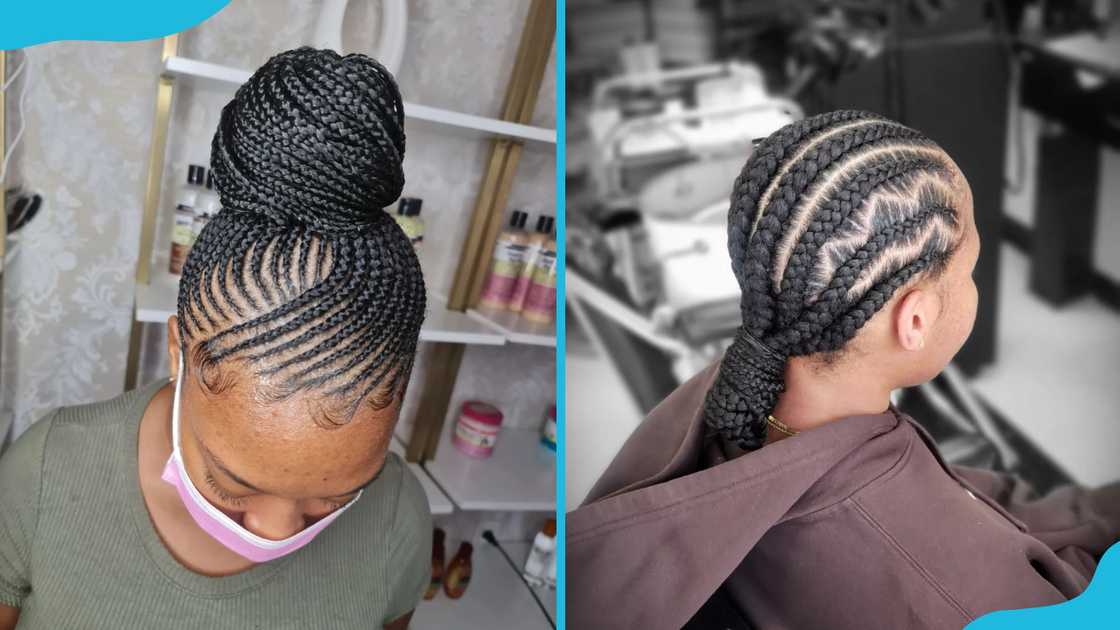 Cornrow bun updo (L) and a low bun cornrow (R) Cornrow bun updo (L) and a low bun cornrow (R)
