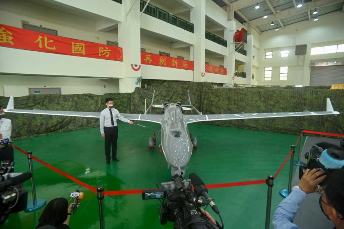 A staff member shows off a locally produced Albatross II UAV at the National Chung-Shan Institute of Science and Technology in Taichung on March 14, 2023 A staff member shows off a locally produced Albatross II UAV at the National Chung-Shan Institute of Science and Technology in Taichung on March 14, 2023