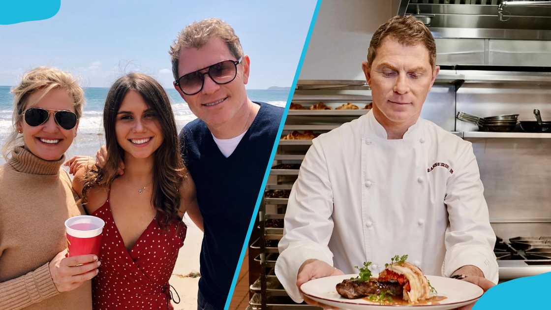 Kate Connelly, Sophie Flay, and Bobby Flay (L). Bobby Flay in the kitchen (R). Kate Connelly, Sophie Flay, and Bobby Flay (L). Bobby Flay in the kitchen (R).