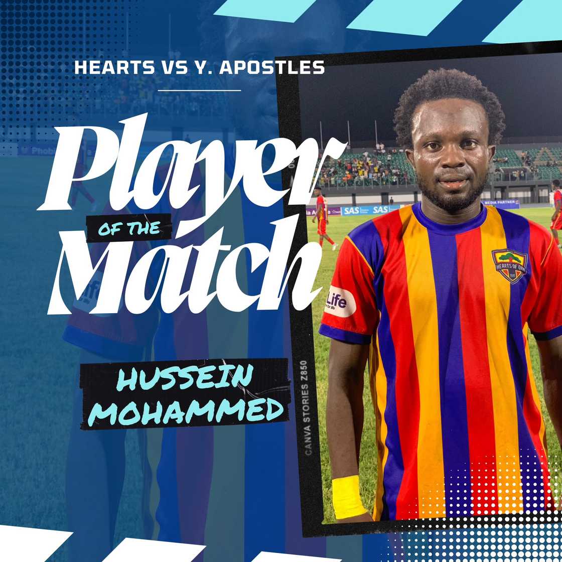 Hussein Mohammed of Hearts of Oak was named Man of the Match in the 2-0 GPL win against Young Apostles at University of Ghana Stadium on March 8, 2025 Hussein Mohammed of Hearts of Oak was named Man of the Match in the 2-0 GPL win against Young Apostles at University of Ghana Stadium on March 8, 2025
