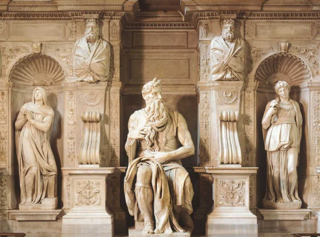 Leah and Rachel flank the sculpture of Biblical Moses in Rome, Lazio. Leah and Rachel flank the sculpture of Biblical Moses in Rome, Lazio.