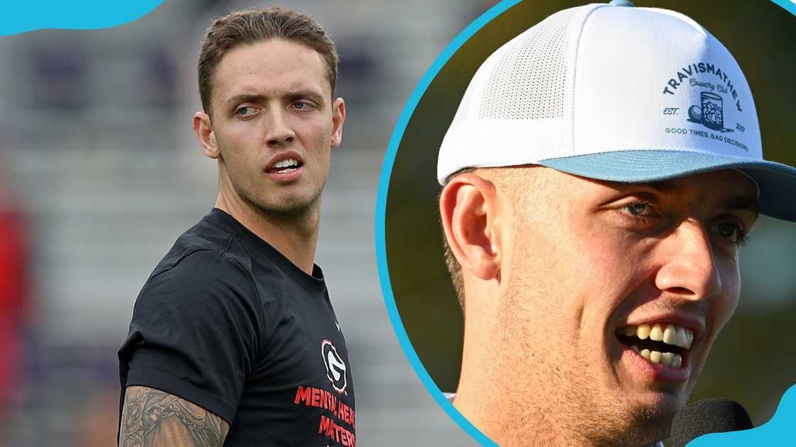 Carson of the Georgia Bulldogs warms up before a game in Mississippi (L). He is interviewed by PGA Tour Live in Florida (R). Carson of the Georgia Bulldogs warms up before a game in Mississippi (L). He is interviewed by PGA Tour Live in Florida (R).