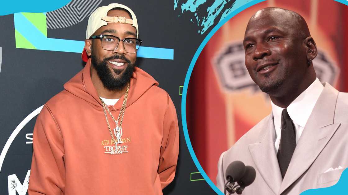 Marcus Jordan attends Bud Light Super Bowl Music Fest (L). Michael speaking at the podium (R) Marcus Jordan attends Bud Light Super Bowl Music Fest (L). Michael speaking at the podium (R)
