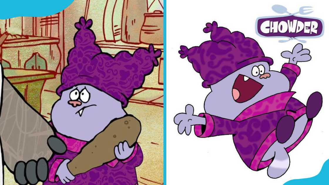 Chowder holding a drumstick (L) and excitedly jumping (R).