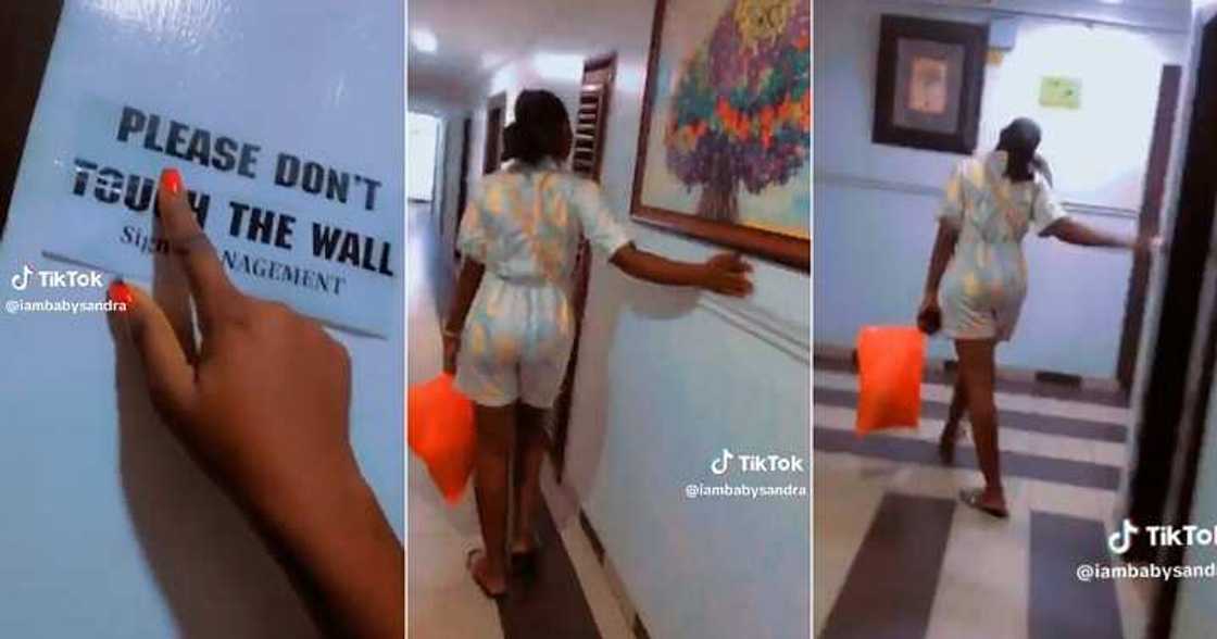 Lady intentionally disobeys hotel's rule not to touch the wall