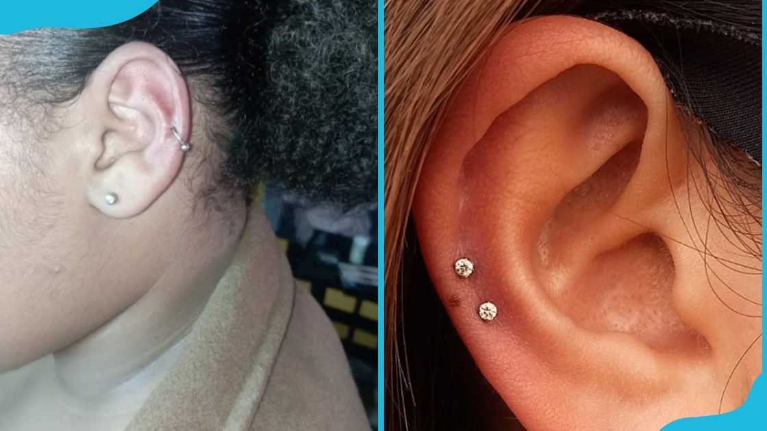 A person with a lower helix piercing with a loop (L) and a stud (R) A person with a lower helix piercing with a loop (L) and a stud (R)