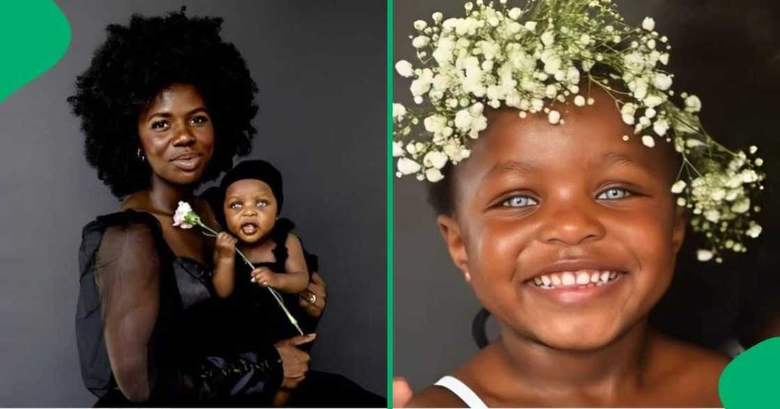 Little girl has striking blue eyes while her mother has brown eyes.