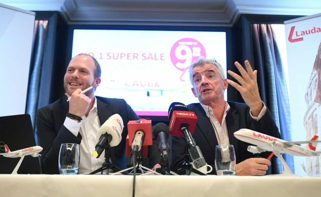The heads of low-cost airlines Lauda and Ryanair promoting their summer 2020 Austria routes, which included fares as low as 9.99 euros The heads of low-cost airlines Lauda and Ryanair promoting their summer 2020 Austria routes, which included fares as low as 9.99 euros