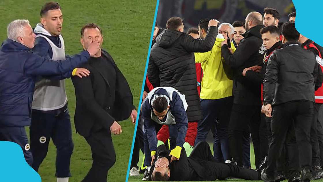 Fenerbahce manager Jose Mourinho was red-carded for seemingly pulling Galatasaray boss Okan Buruk by the nose. Fenerbahce manager Jose Mourinho was red-carded for seemingly pulling Galatasaray boss Okan Buruk by the nose.