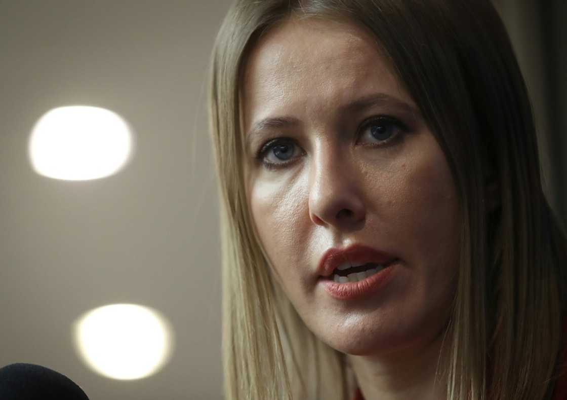 Russian media personality and former presidential candidate Ksenia Sobchak speaks to reporters in Washington, DC in February 2018