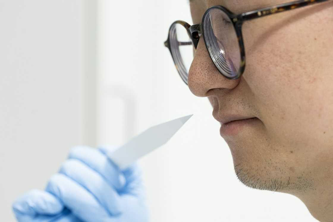 Junior perfumer Shangyun Lyu with a smell strip Junior perfumer Shangyun Lyu with a smell strip