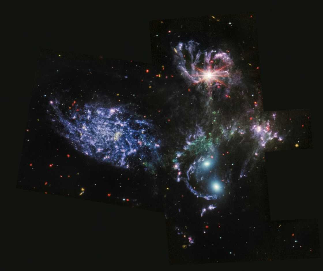 The James Webb Space Telescope shows never-before-seen details of Stephan’s Quintet, a visual grouping of five galaxies The James Webb Space Telescope shows never-before-seen details of Stephan’s Quintet, a visual grouping of five galaxies