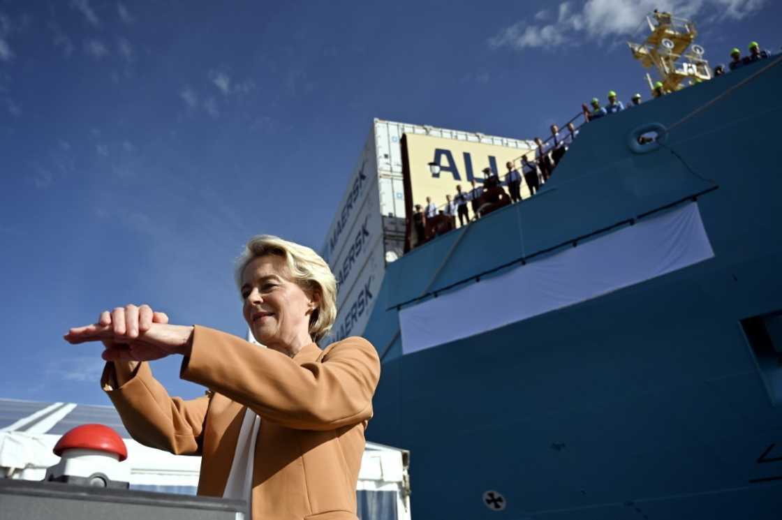 EU Commission President Ursula von der Leyen presses a button during the namegiving ceremony EU Commission President Ursula von der Leyen presses a button during the namegiving ceremony