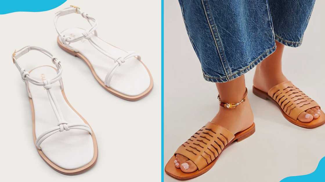 A pair of white sandals (L) and a person wearing brown sandals (R) A pair of white sandals (L) and a person wearing brown sandals (R)