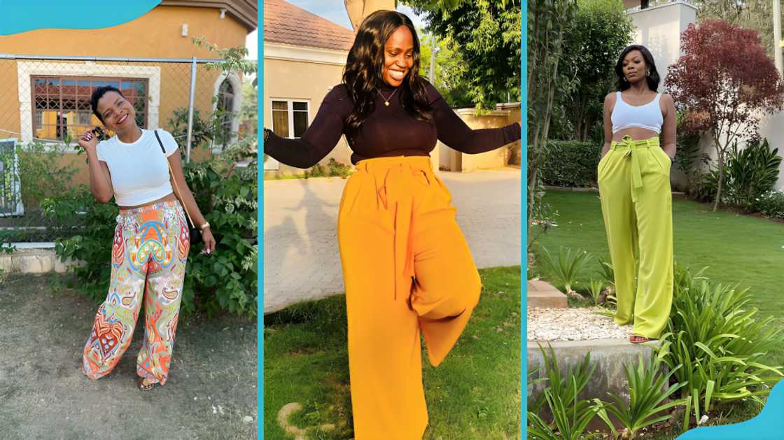 Three versions of Palazzo pants: colourful and stylish (L), mustard yellow pleat (C) and lime (R).