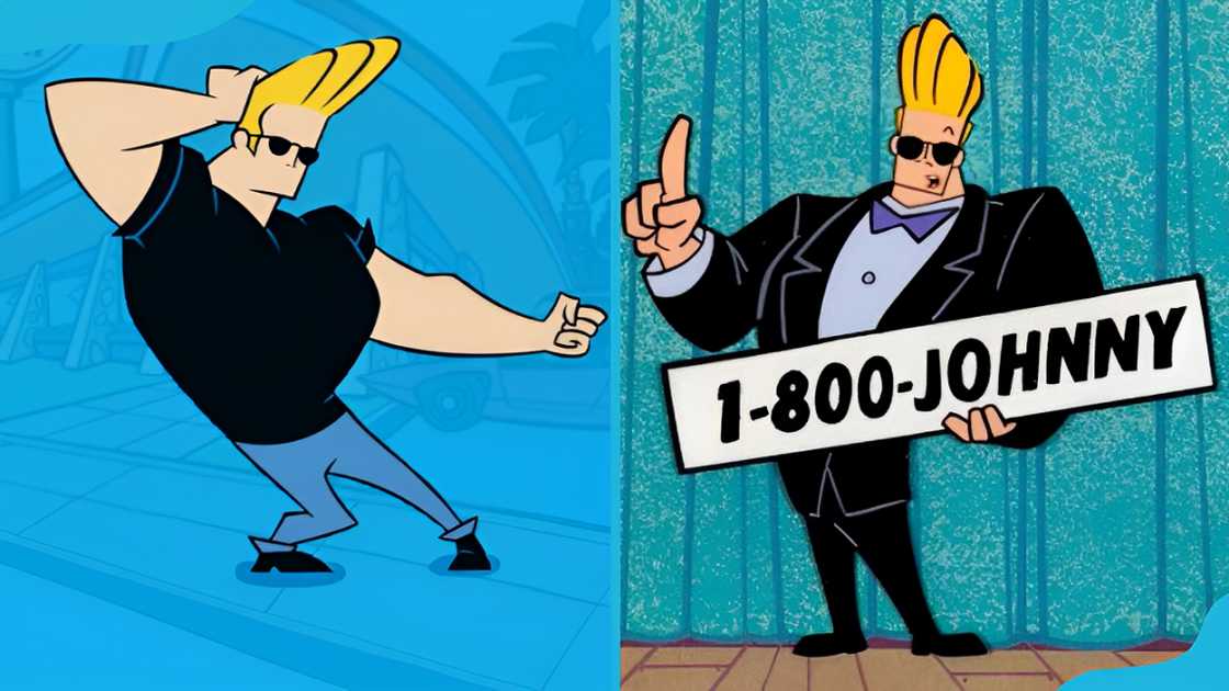 Johnny Bravo poses with his trademark hairstyle and black shades. Johnny Bravo poses with his trademark hairstyle and black shades.