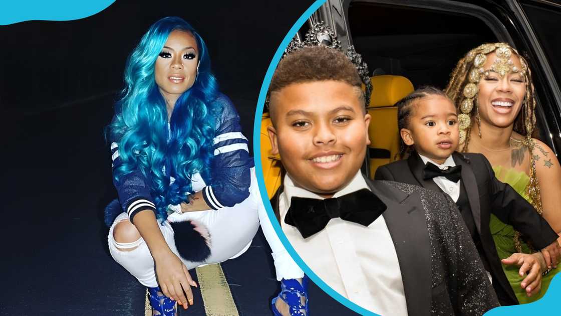 Keyshia Cole poses in blue (L), and with her two kids (R).