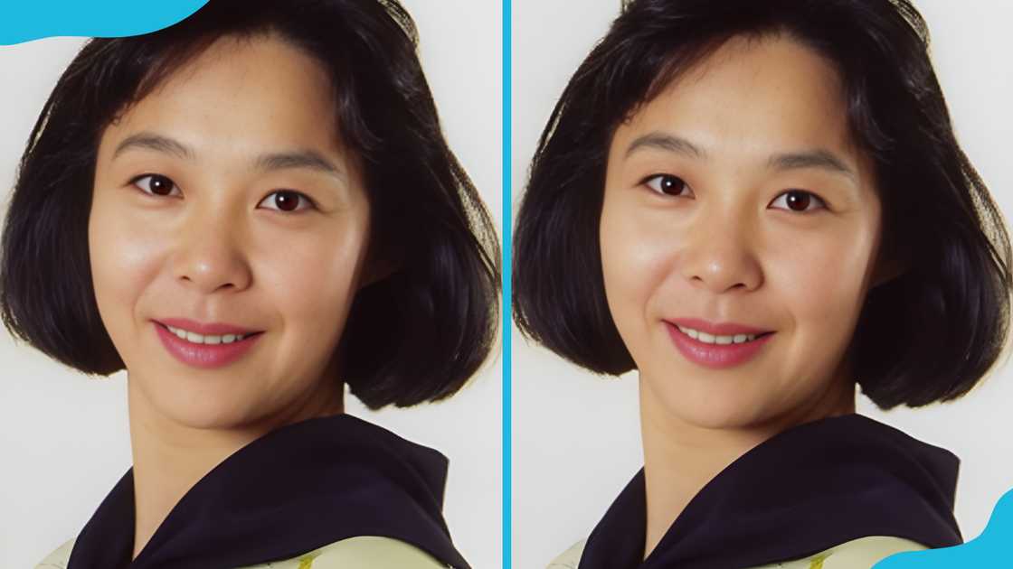 Yōko Matsuoka (L and R) is standing against a grey background Yōko Matsuoka (L and R) is standing against a grey background