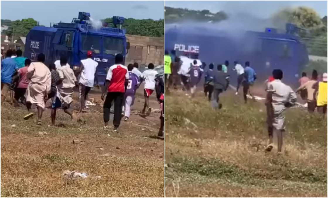 Ejura protest: Video of fearless youth chasing water cannon shooting water at them pops up Ejura protest: Video of fearless youth chasing water cannon shooting water at them pops up