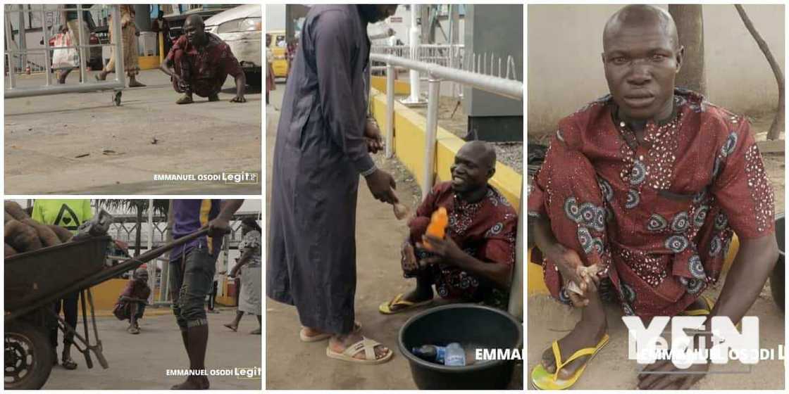 Nigerians react to viral photos of physically challenged man who hustles on busy Lagos roads to cater for family in Oyo Nigerians react to viral photos of physically challenged man who hustles on busy Lagos roads to cater for family in Oyo