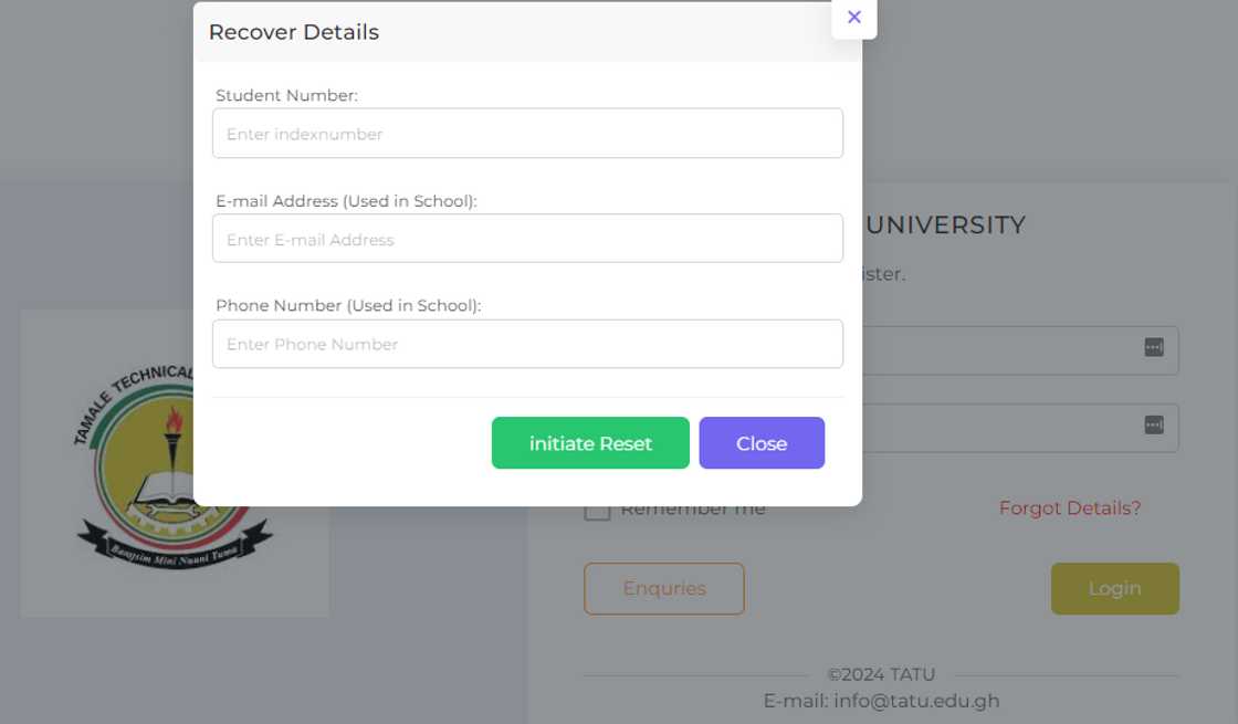 TATU student portal password recovery page TATU student portal password recovery page