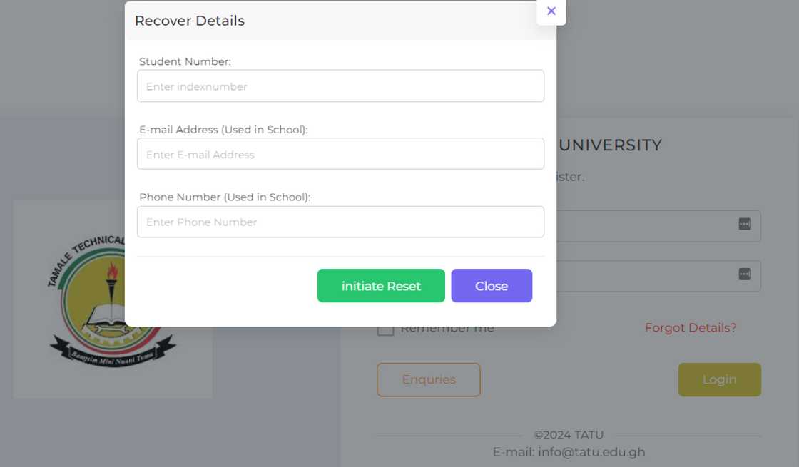 TATU student portal password recovery page