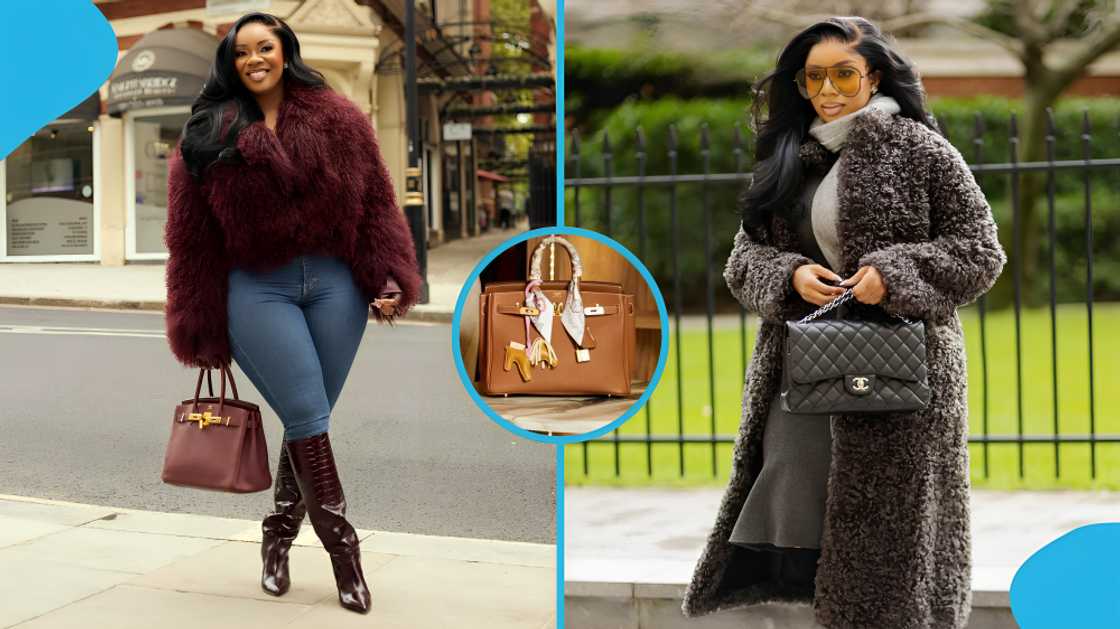 Serwaa Amihere, luxury handbag collection, Serwaa Amihere handbag collection, designer bags, luxury fashion, Chanel Hermès and Dior bags, Louis Vuitton Capucines Mini, pink ostrich leather handbag, fake designer goods debate, Ghanaian media personality