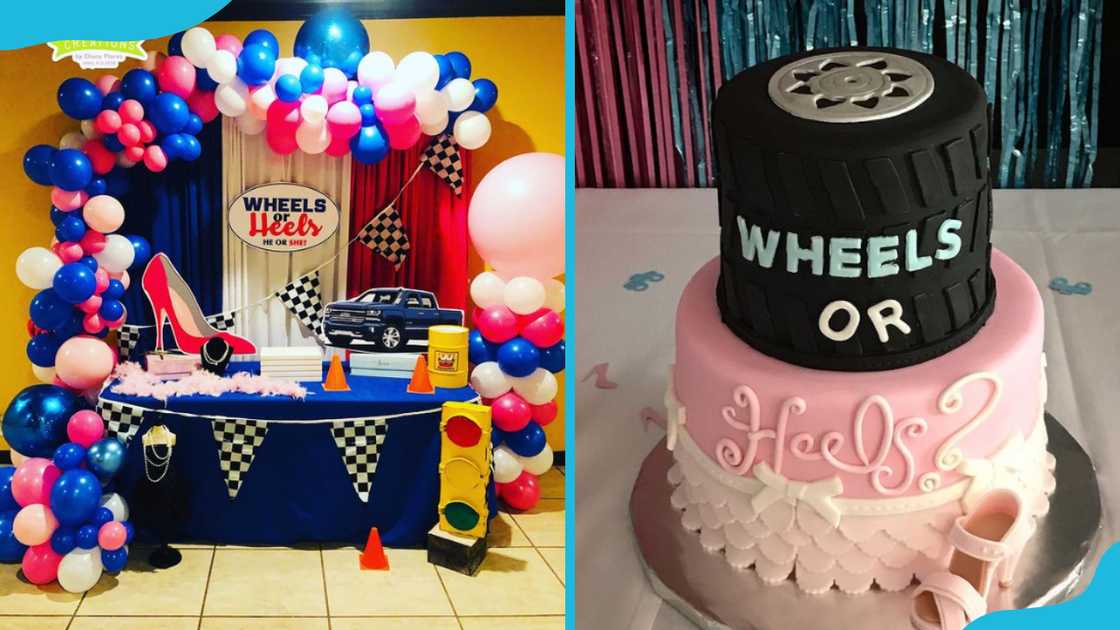 Wheels or heels gender reveal theme