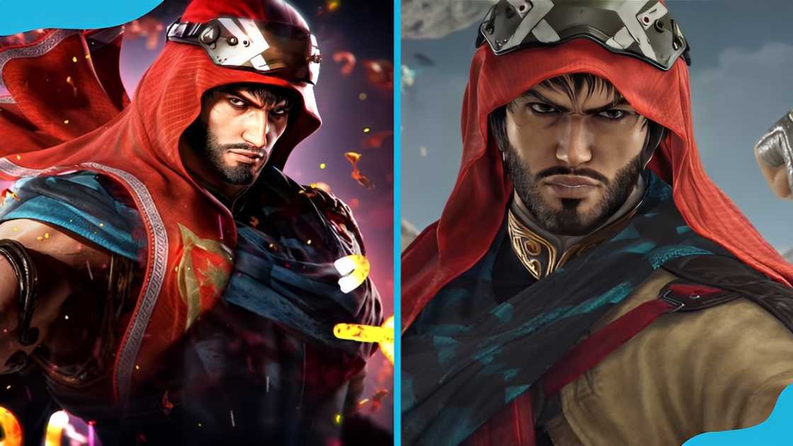 Shaheen with a red headscarf with white adornments and a blue outfit with gold trim and red sashes. Shaheen with a red headscarf with white adornments and a blue outfit with gold trim and red sashes.