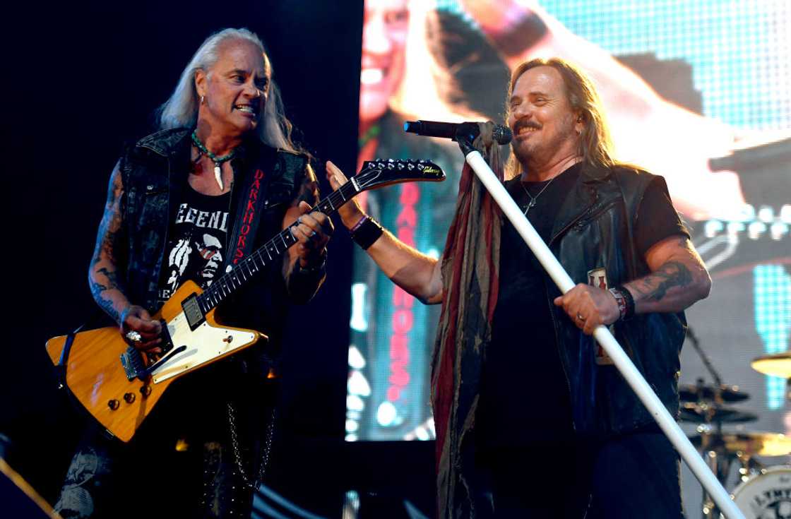 Rickey Medlocke (L) and Johnny Van Zant (R) of Lynyrd Skynyrd perform onstage during the 2019 Stagecoach Festival