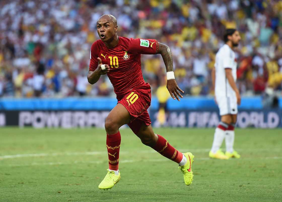 Andre Ayew of Ghana celebrates scoring his team's first goal during the 2014 FIFA World Cup Brazil Group G match between Germany and Ghana at Castelao on June 21, 2014 in Fortaleza, Brazil Andre Ayew of Ghana celebrates scoring his team's first goal during the 2014 FIFA World Cup Brazil Group G match between Germany and Ghana at Castelao on June 21, 2014 in Fortaleza, Brazil