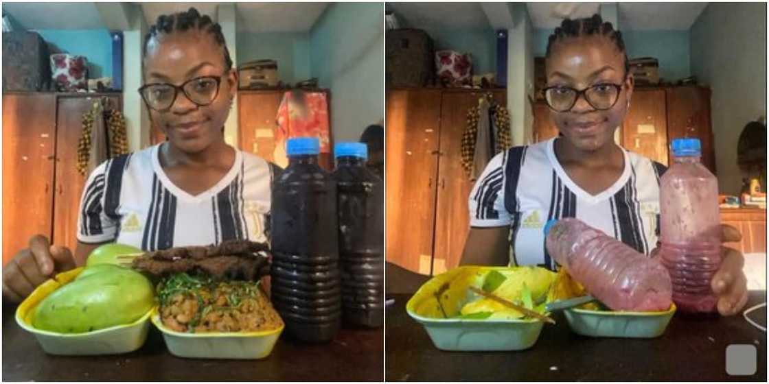 Young Nigerian Lady Finishes Mountain of Beans with Stick Meat, 3 Mangoes & 2 Bottles of Zobo, Many React