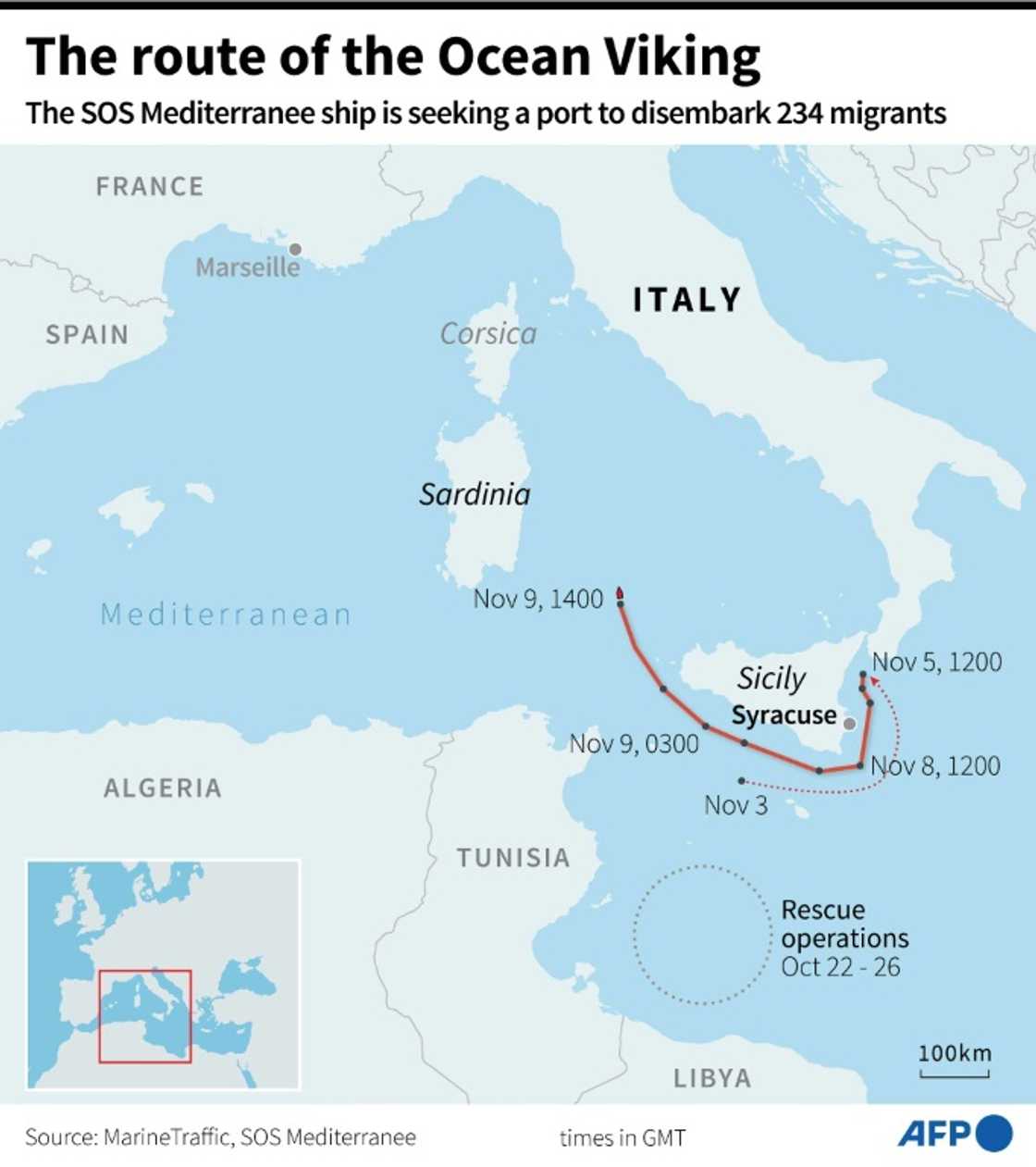 Map of the zone where the NGO vessel, the Ocean Viking, rescued migrants from October 22 to October 26 and its journey since November 3 as it seeks a port to disembark the migrants