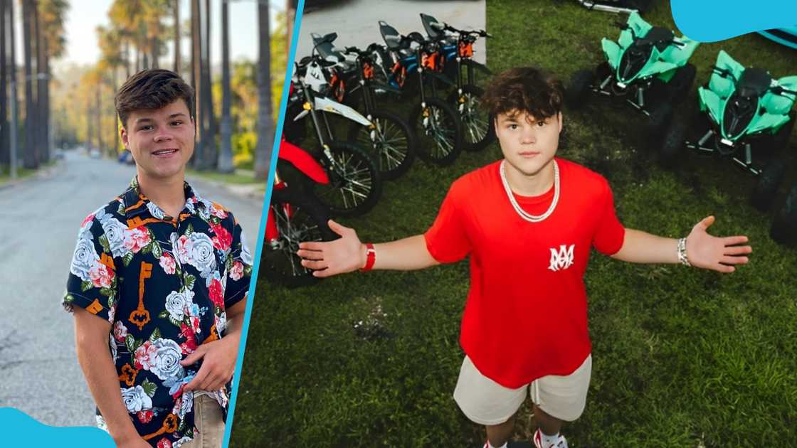 YouTuber Jack Doherty posing on a palm tree-lined street (L) and with dirt bikes and ATVs on grass (R). YouTuber Jack Doherty posing on a palm tree-lined street (L) and with dirt bikes and ATVs on grass (R).